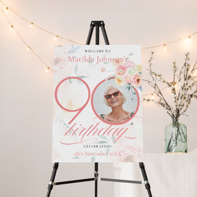Pink Roses Floral Custom Photo 90th Birthday Party Foam Board (In Situ (Stand))