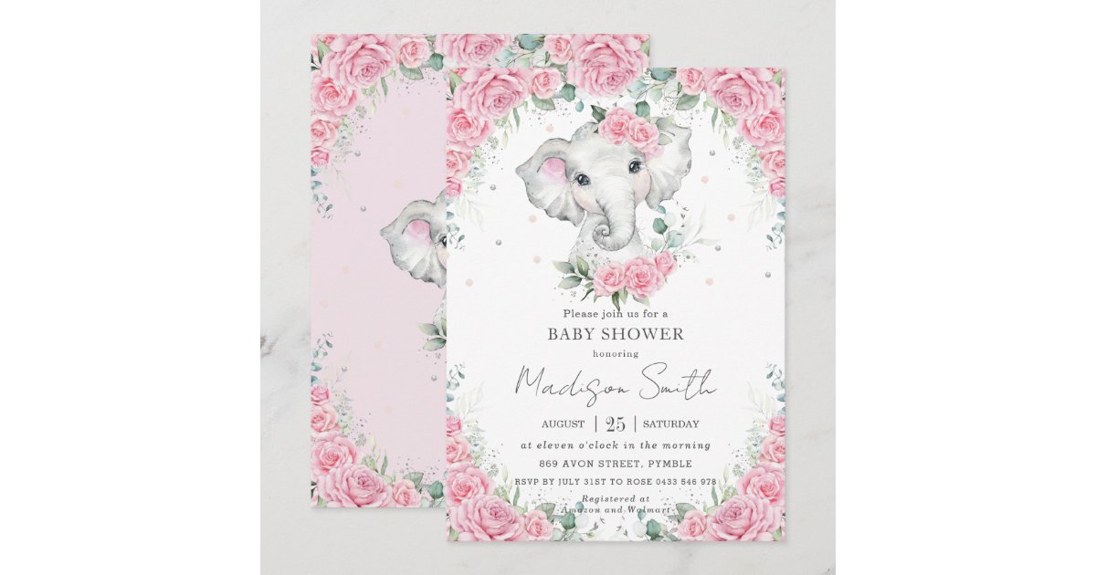 Pink Roses Floral Cute Elephant Baby Shower Invitation | Zazzle