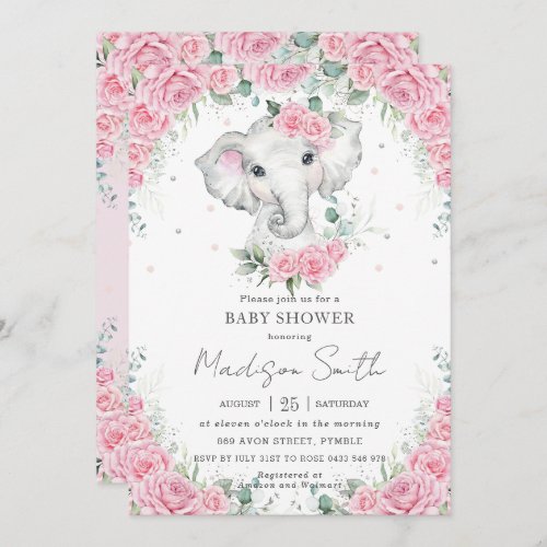 Pink Roses Floral Cute Elephant Baby Shower Invitation