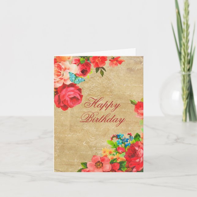 Pink Roses Floral Design Birthday Card (Front)