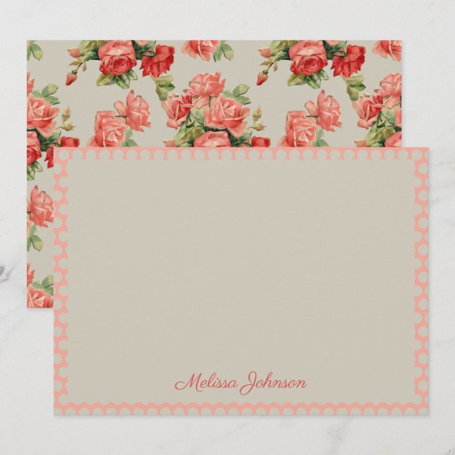 Pink Roses Floral Elegant Girly Personalized Note Card (Front/Back)