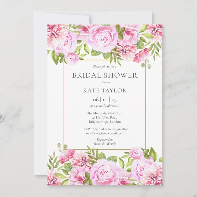 Pink Roses Floral Elegant Gold Bridal Shower Invitation (Front)