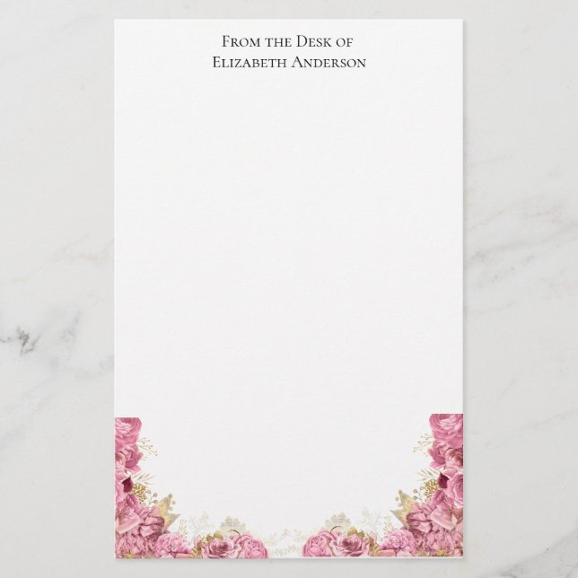 Pink Roses Floral Elegant Personalized Stationery (Front)