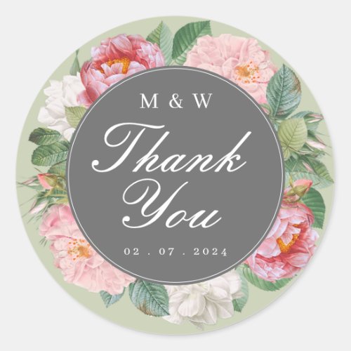 Pink Roses Floral Elegant Sage Wedding Thank You Classic Round Sticker