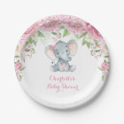 Pink Roses Floral Elephant Baby Shower 7" Plate