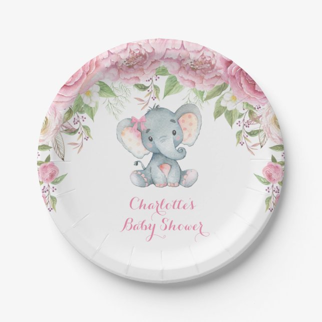 Pink Roses Floral Elephant Baby Shower 7" Plate (Front)