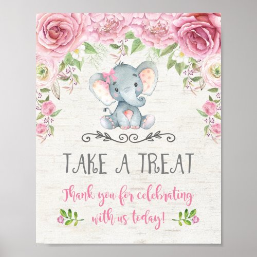 Pink Roses Floral Elephant Favors Sign Treat Sign