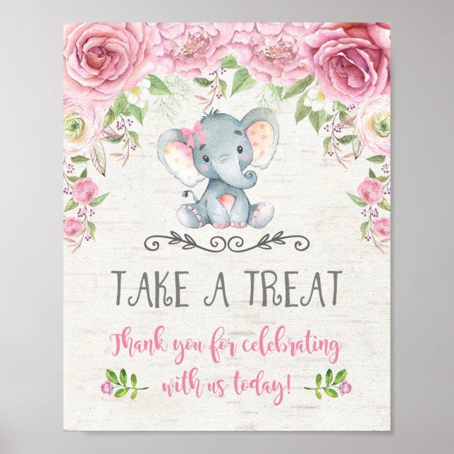 Pink Roses Floral Elephant Favors Sign Treat Sign (Front)