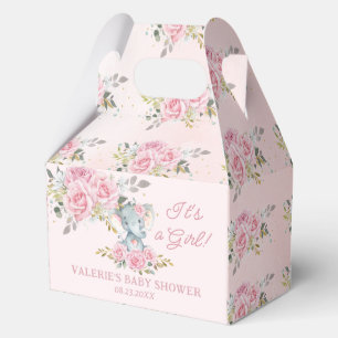 Pink Roses Floral Elephant Girl Baby Shower Favor Boxes
