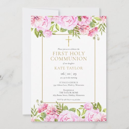 Pink Roses Floral First Holy Communion Invitation