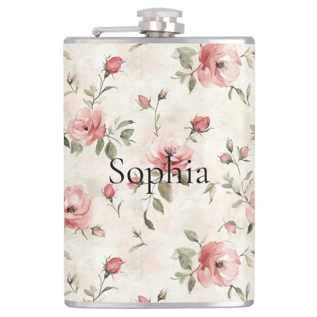 Pink Roses Floral  Flask (Front)