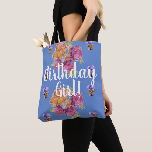 Pink Roses Floral flowers Birthday Girl Bag Blue