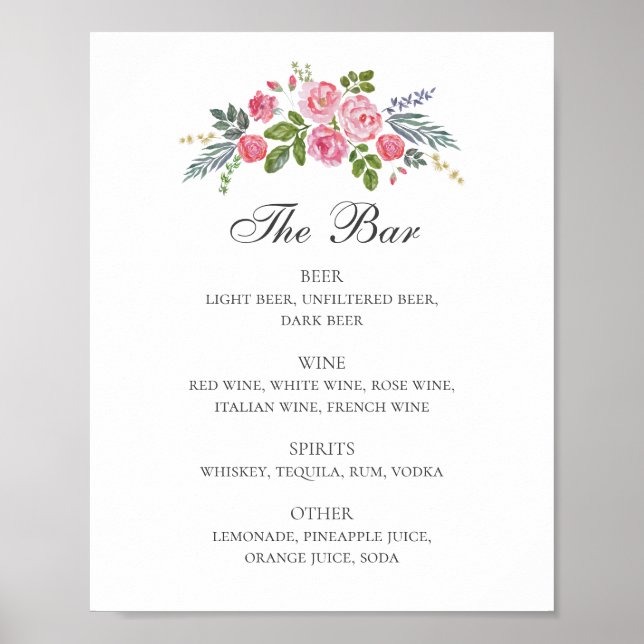 Pink roses. Floral garden wedding drinks bar menu Poster (Front)