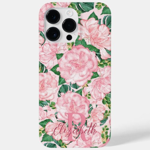 Pink Roses Floral Girly Monogrammed Case_Mate iPhone 14 Pro Max Case