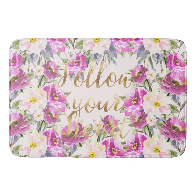 Pink Roses Floral Gold Follow Your Heart Bathroom Mat (Front)