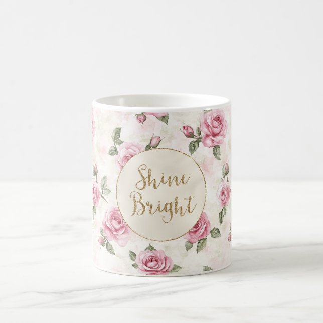 Pink Roses Floral Gold Glitter Shine Bright Coffee Mug (Center)