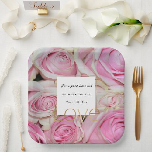 Pink Roses Floral Gold Love Wedding  Paper Plates