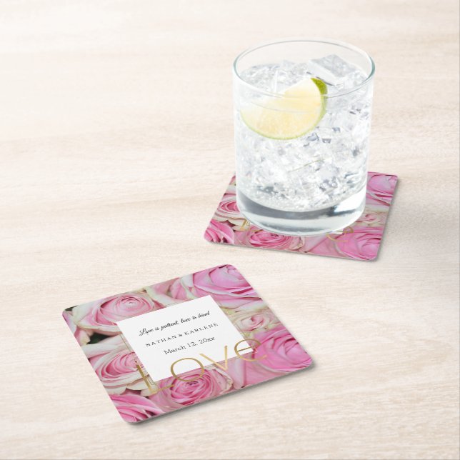Pink Roses Floral Gold Love Wedding  Square Paper Coaster (Insitu)