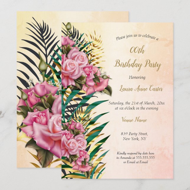 Pink Roses Floral Gold Palms Birthday Party Invitation (Front/Back)