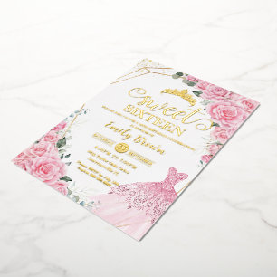 Pink Roses Floral Gold Princess Dress Sweet 16 Foil Invitation