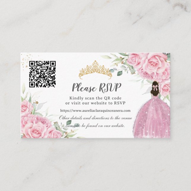 Pink Roses Floral Gold Quinceañera 16th QR Code Enclosure Card (Front)
