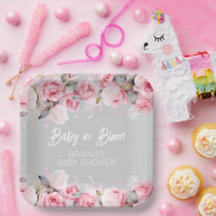 Pink Roses Floral Gray Girl Baby Shower Paper Plates