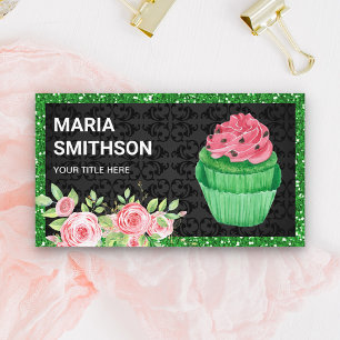 Pink Roses Floral Green Velvet Cupcake Bakery Business Card