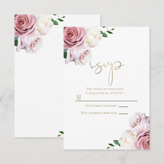 Pink Roses Floral Greenery Modern Wedding RSVP Invitation (Front/Back)