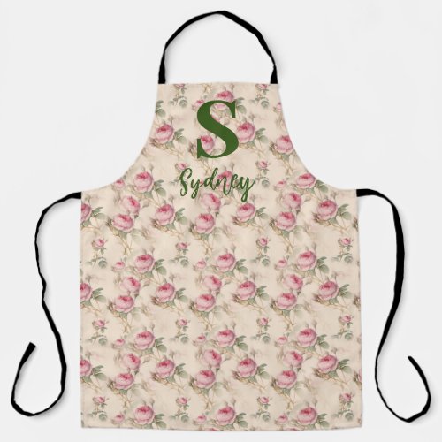 Pink Roses Floral Kitchen Apron Custom Monogram