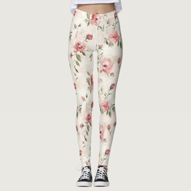 Pink Roses Floral  Leggings (Front)