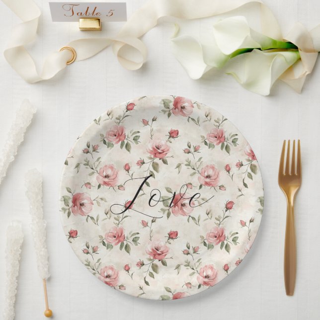 Pink Roses Floral Love Bridal Shower Paper Plates (Wedding)