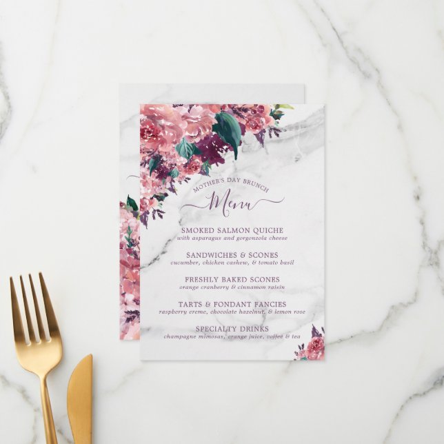 Pink Roses Floral Marble Mothers Day Brunch Menu (Front/Back In Situ)