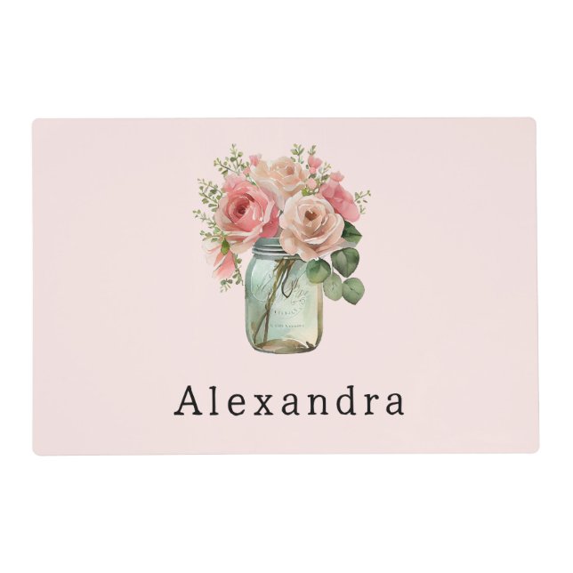 Pink Roses Floral Mason Jar Placemat (Front)
