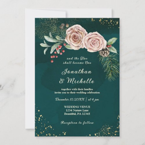 Pink Roses Floral on Green Christian Wedding Invitation