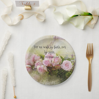 Pink Roses Floral Paper Plate Faith Scripture