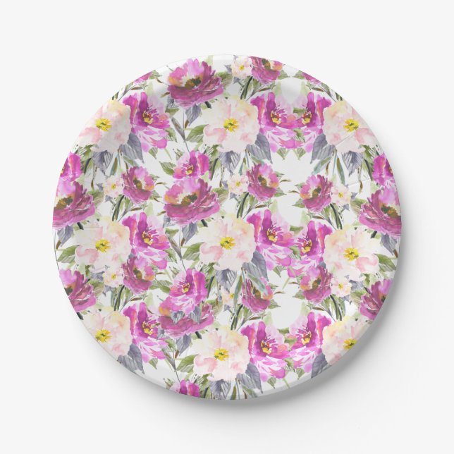 Pink Roses Floral Paper Plates (Front)