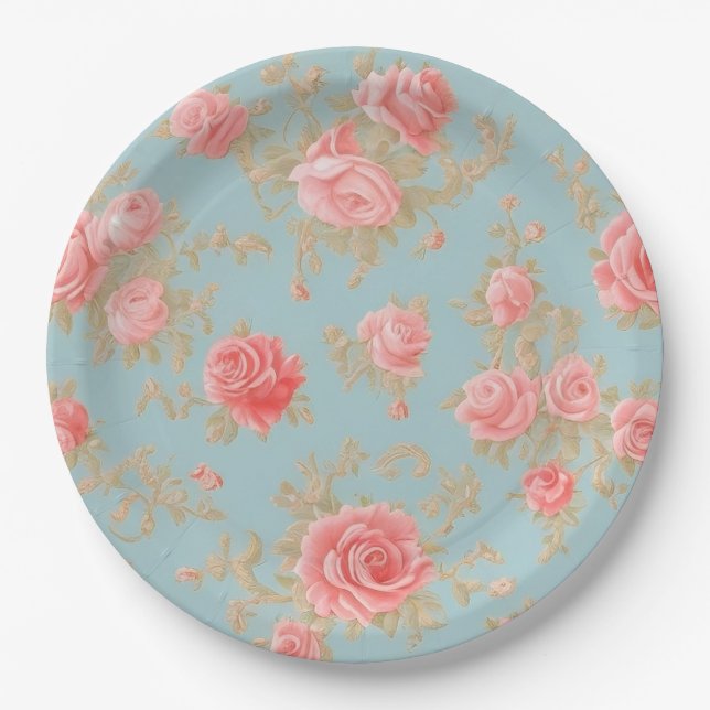 Pink Roses Floral Pattern Paper Plates (Front)