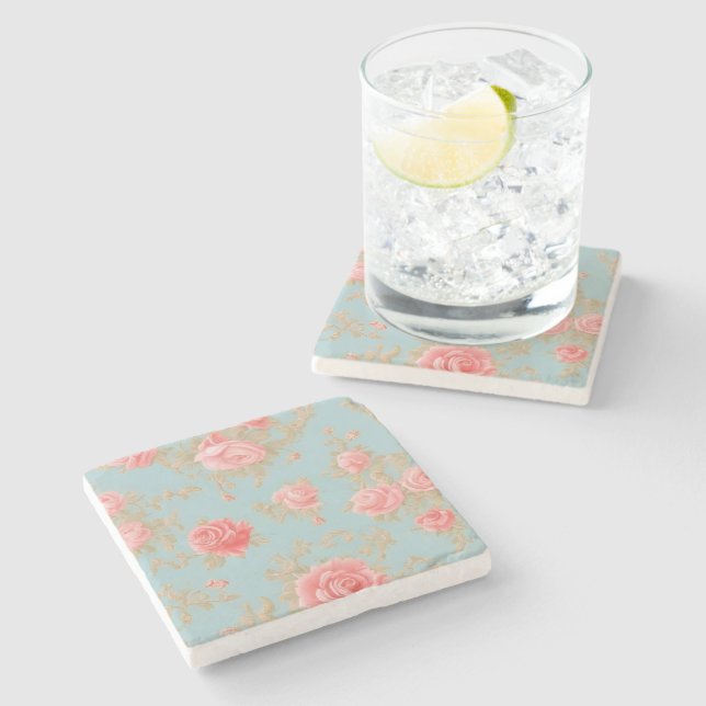 Pink Roses Floral Pattern Stone Coaster (Side)