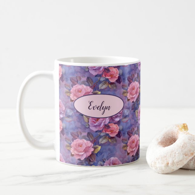 Pink Roses Floral Personalized Coffee Mug Custom (With Donut)