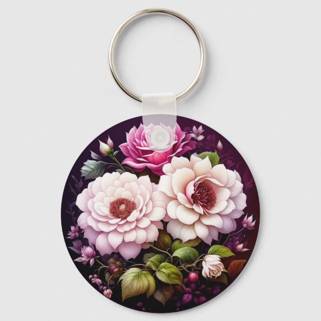 Pink Roses Floral Personalized Keychain (Front)