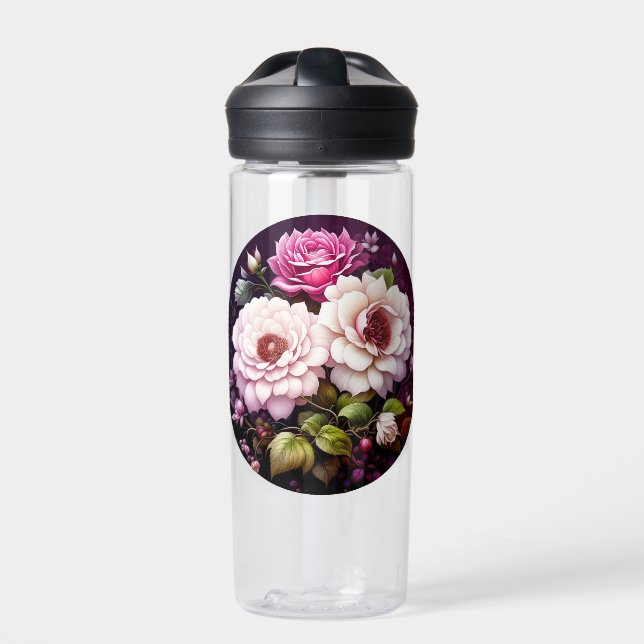 Pink Roses Floral Personalized Water Bottle (Front)