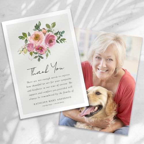 Pink Roses Floral Photo Sympathy Funeral Thank You Card