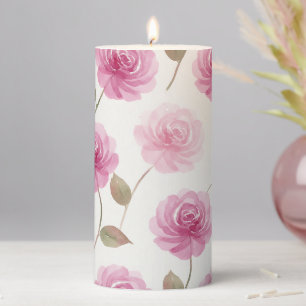 Pink Roses Floral Pillar Candle