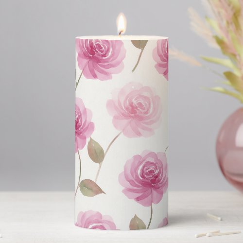 Pink Roses Floral Pillar Candle