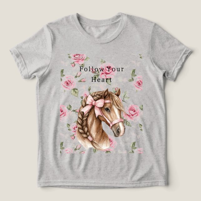 Pink Roses Floral Pretty Horse Pink Bow Tri-Blend Shirt (Design Front)
