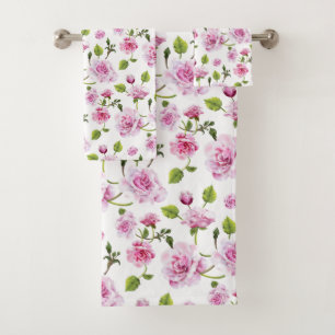 Pink Roses Floral Print Bath Towel Set