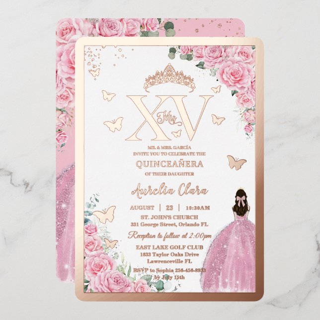 Pink Roses Floral Quinceanera Mis XV Rose Gold Foil Invitation (Front/Back)