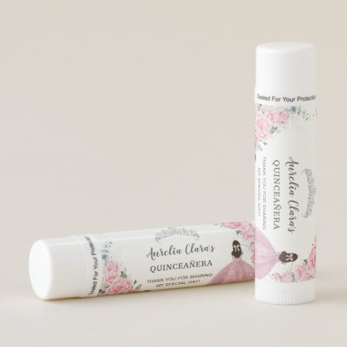 Pink Roses Floral Quinceaera Princess Dress Crown Lip Balm