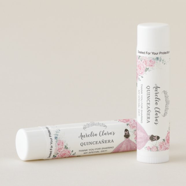 Pink Roses Floral Quinceañera Princess Dress Crown Lip Balm (Front)