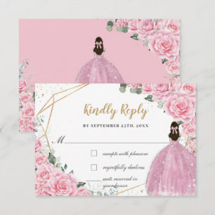Pink Roses Floral Quinceanera Princess Dress Reply RSVP Card